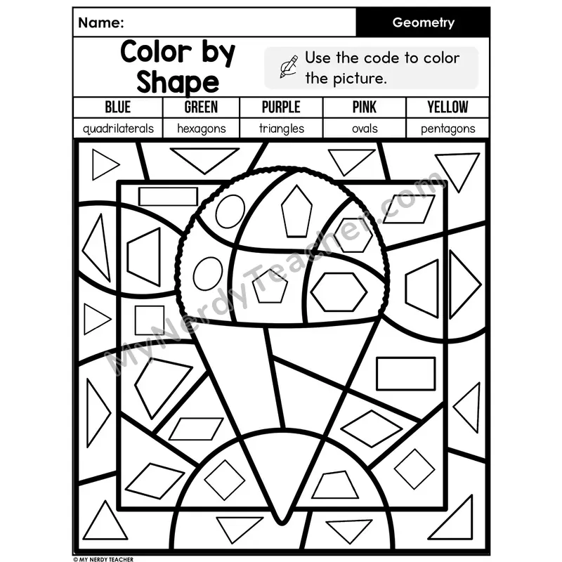 Geometry Color by Shape Worksheet — Ice Cream Cone Mystery Picture