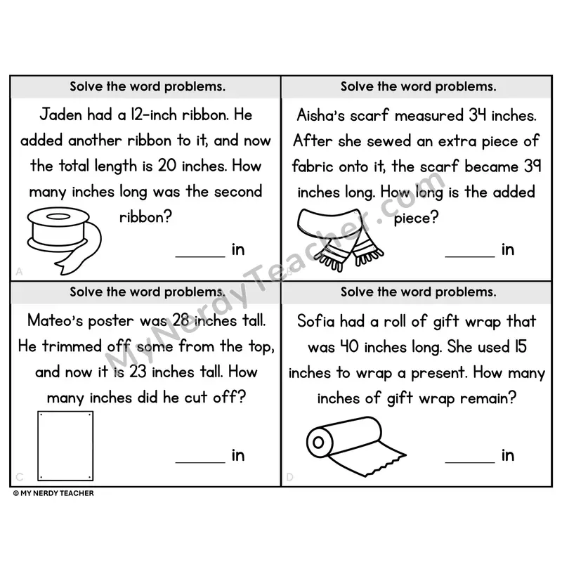 Measurement Word Problems in Inches Task Cards — Black and White