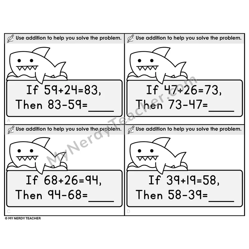 Subtract Using Addition — Related Facts Task Cards Black and White