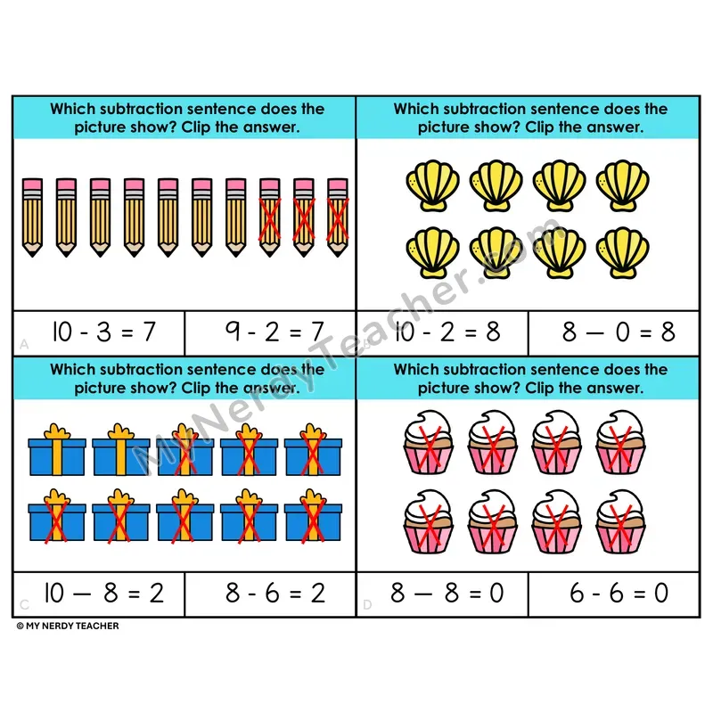 Match the Subtraction Sentence to the Picture — Clip Cards
