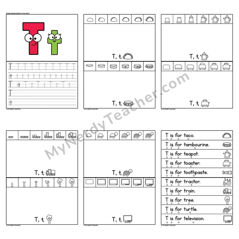 Letter T Tracing and Handwriting Practice — Beginning Sounds