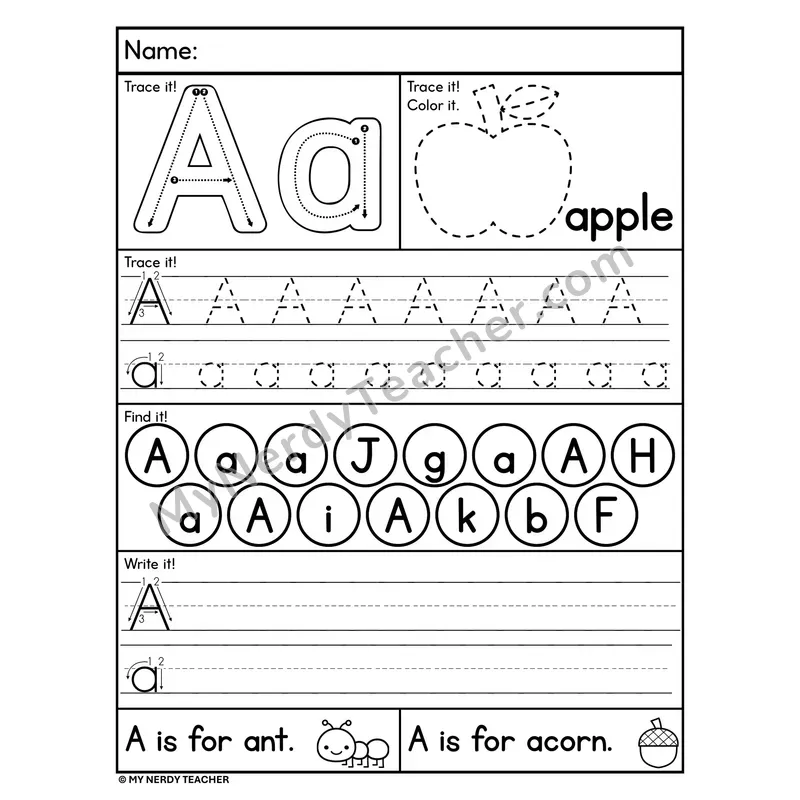 Letter A Worksheet — Trace, Find, and Write