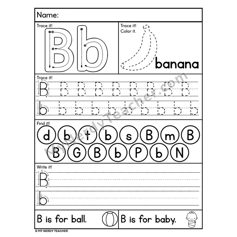 Letter B Worksheet — Trace, Find, and Write