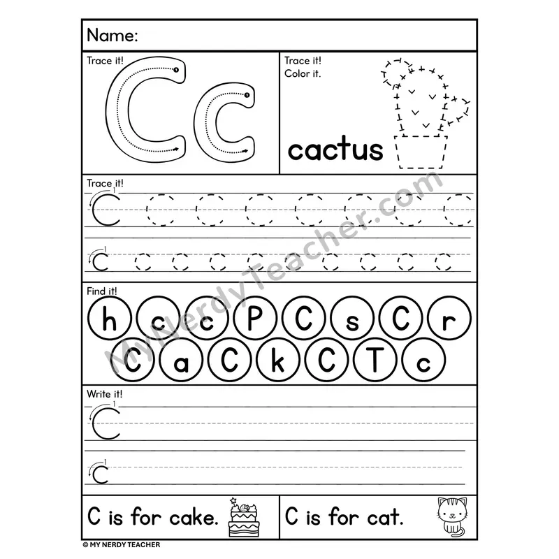 Letter C Worksheet — Trace, Find, and Write