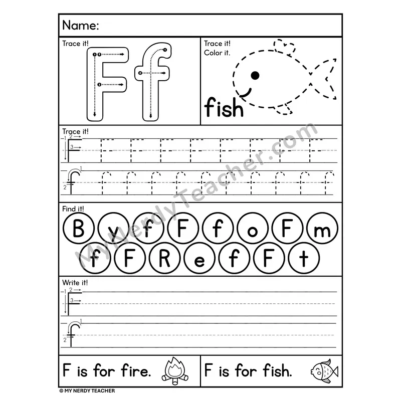 Letter F Worksheet — Trace, Find, and Write