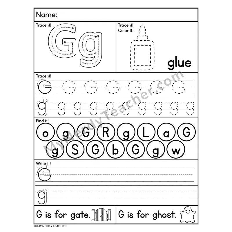 Letter G Worksheet — Trace, Find, and Write