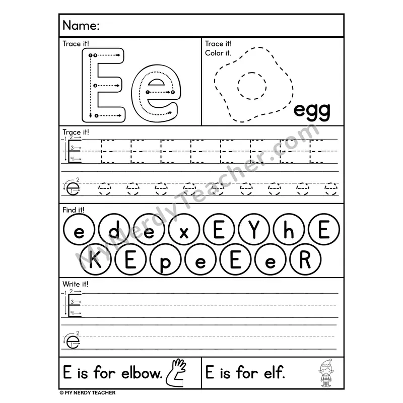 Letter E Worksheet — Trace, Find, and Write