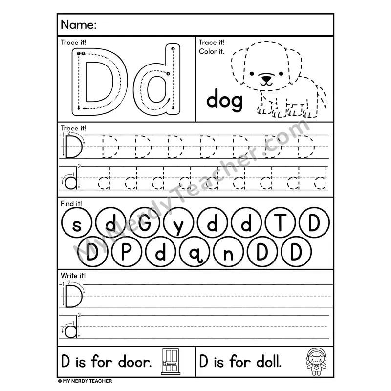 Letter D Worksheet — Trace, Find, and Write