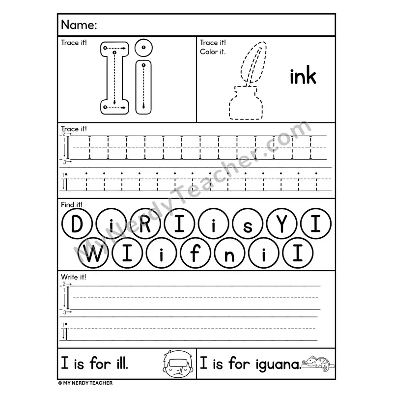 Letter I Worksheet — Trace, Find, and Write