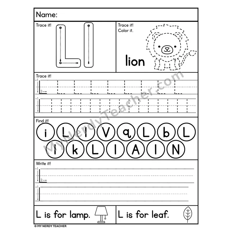Letter L Worksheet — Trace, Find, and Write