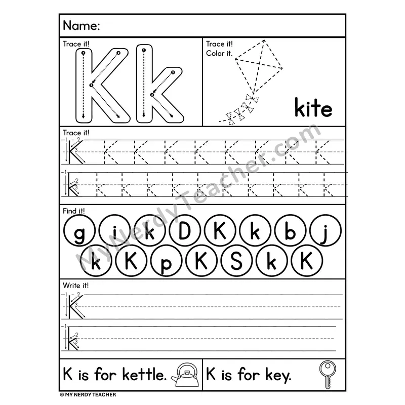 Letter K Worksheet — Trace, Find, and Write