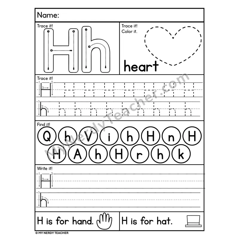Letter H Worksheet — Trace, Find, and Write