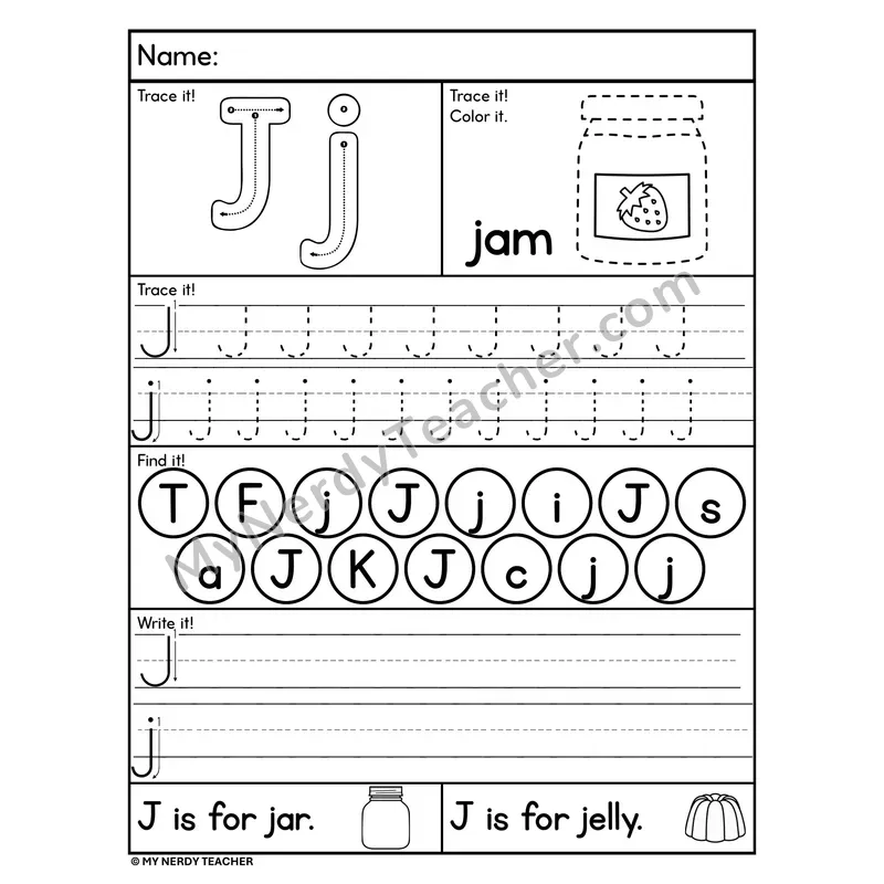 Letter J Worksheet — Trace, Find, and Write