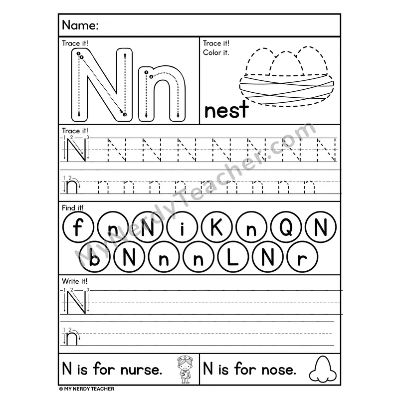 Letter N Worksheet — Trace, Find, and Write