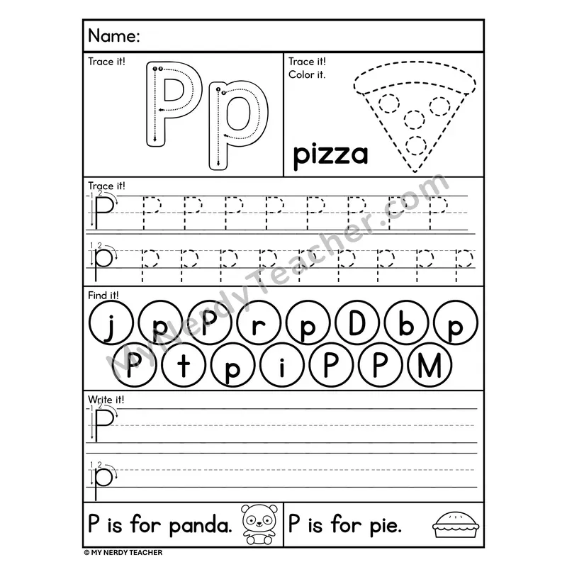 Letter P Worksheet — Trace, Find, and Write