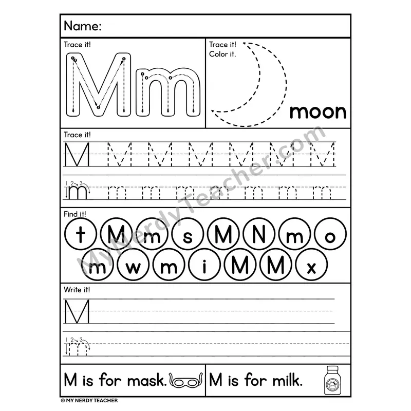Letter M Worksheet — Trace, Find, and Write