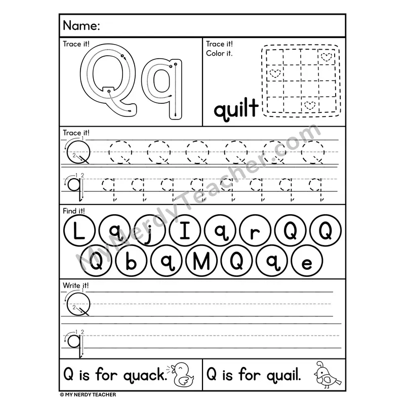 Letter Q Worksheet — Trace, Find, and Write