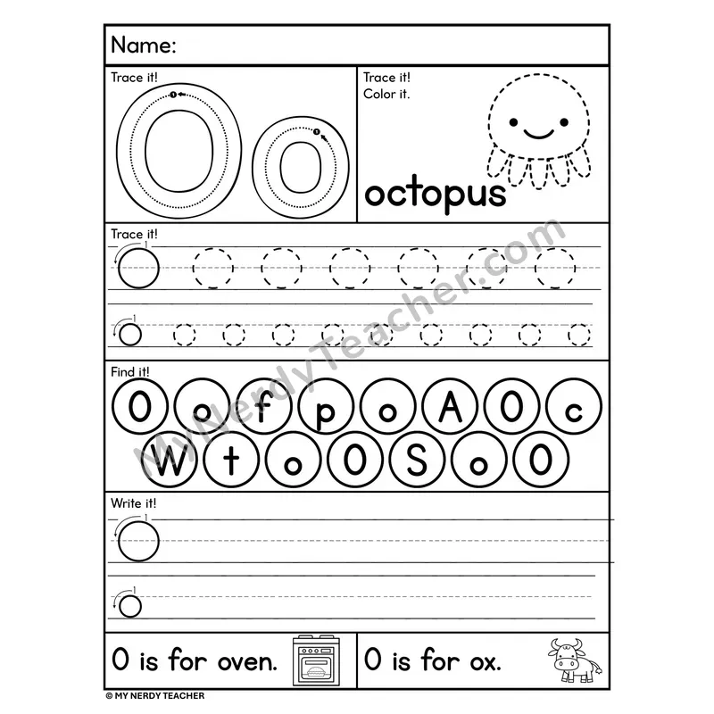 Letter O Worksheet — Trace, Find, and Write