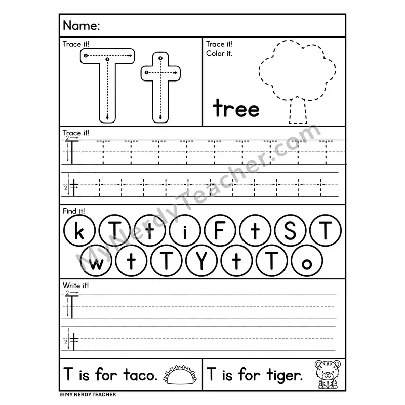 Letter T Worksheet — Trace, Find, and Write