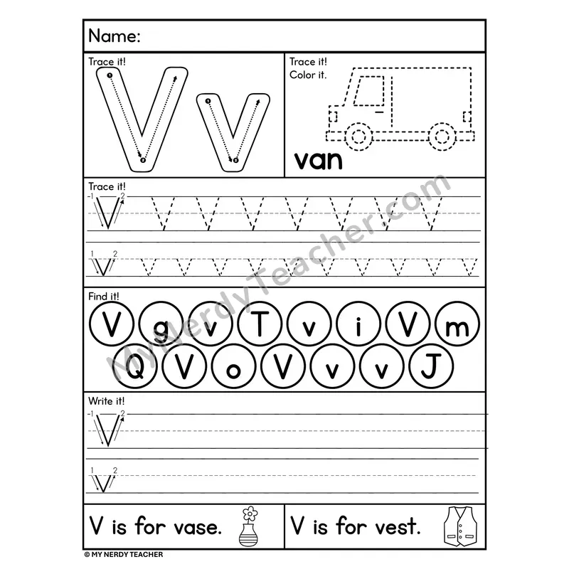 Letter V Worksheet — Trace, Find, and Write