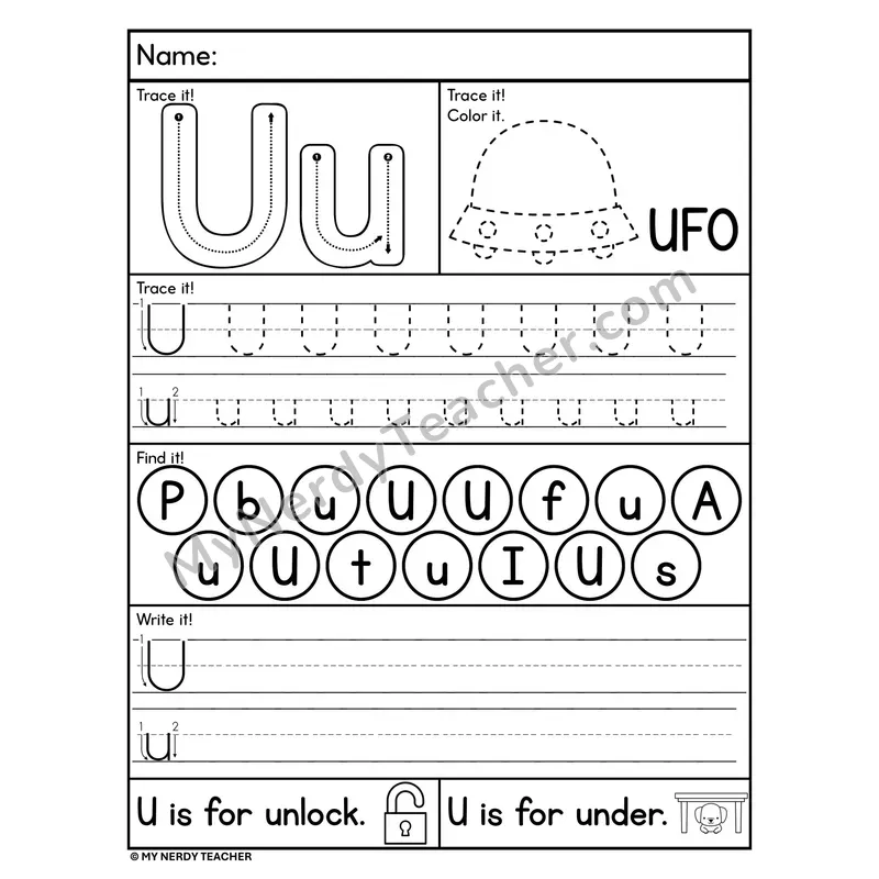 Letter U Worksheet — Trace, Find, and Write
