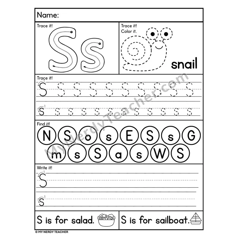 Letter S Worksheet — Trace, Find, and Write