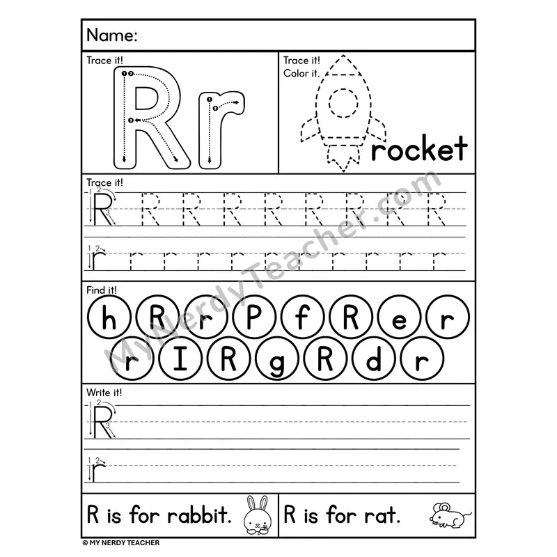 Letter R Worksheet — Trace, Find, and Write