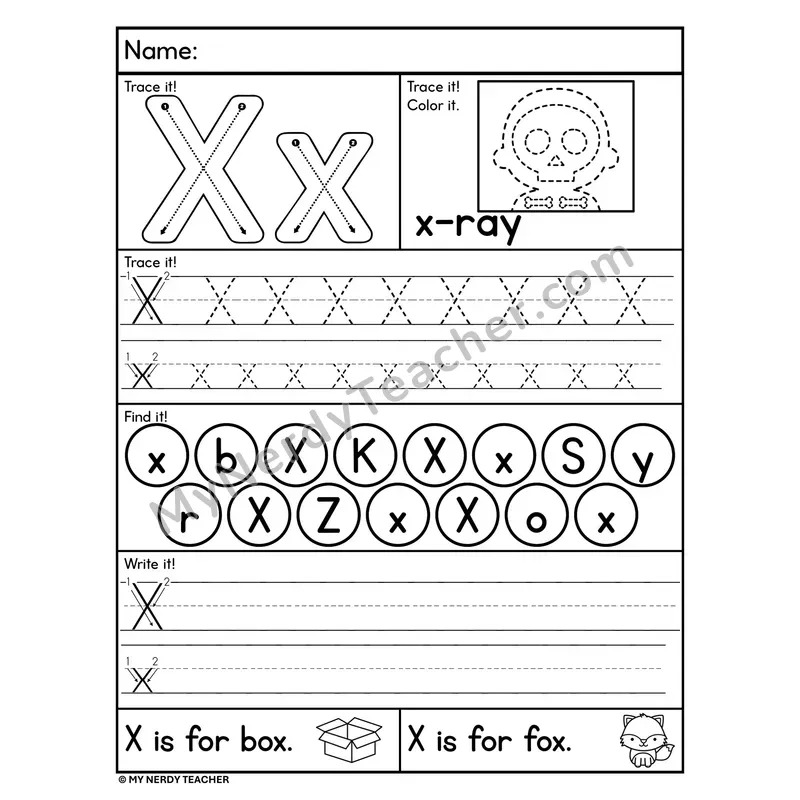 Letter X Worksheet — Trace, Find, and Write