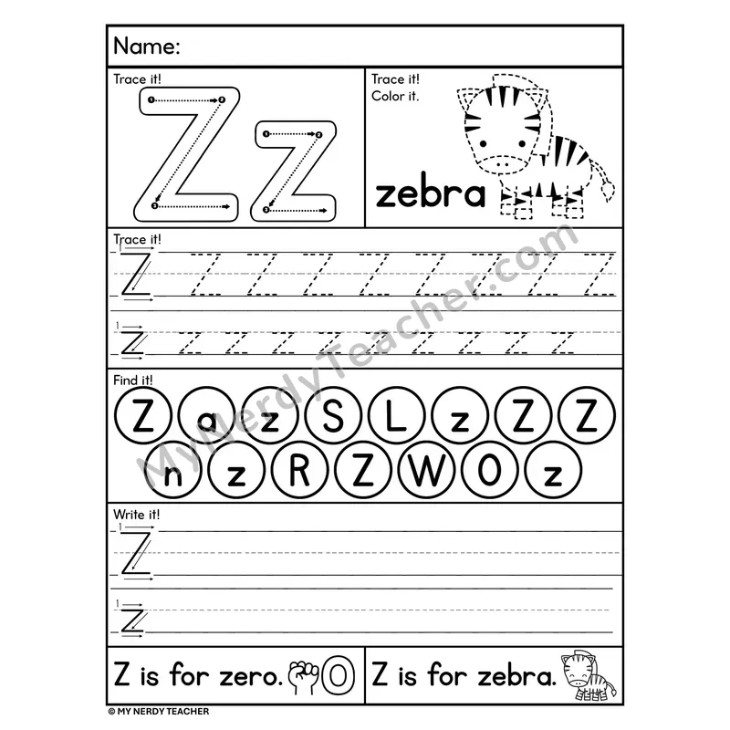 Letter Z Worksheet — Trace, Find, and Write