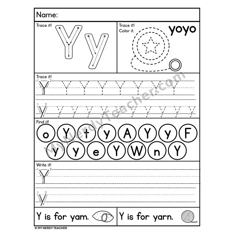 Letter Y Worksheet — Trace, Find, and Write