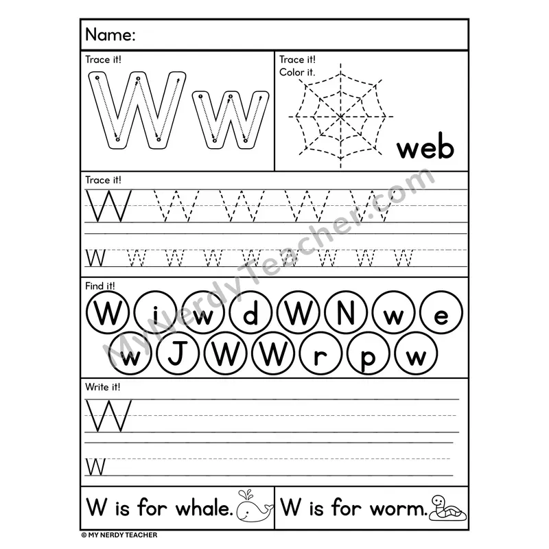 Letter W Worksheet — Trace, Find, and Write