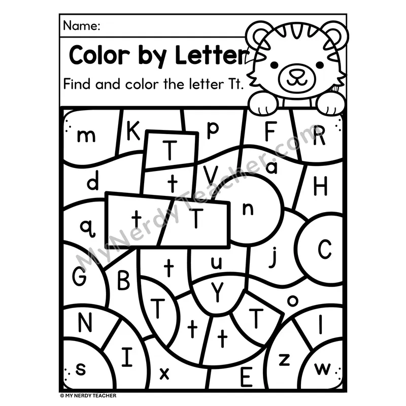 Letter T Upper and Lowercase Color by Letter Worksheet