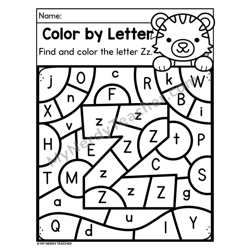 Letter Z Upper and Lowercase Color by Letter Worksheet