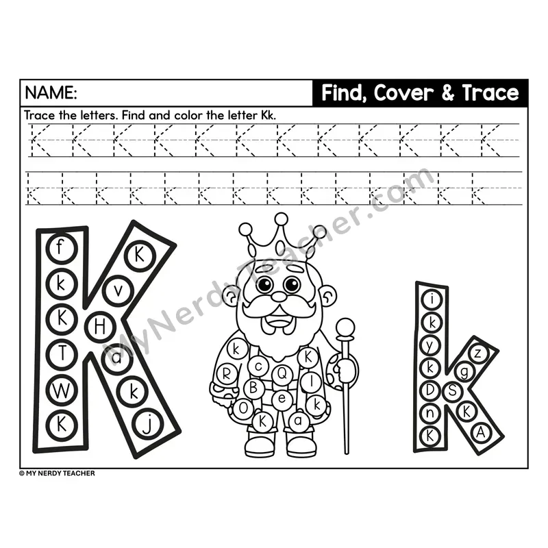 Letter K Find, Cover, and Trace Worksheet