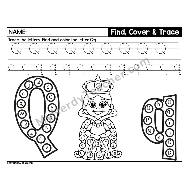 Letter Q Find, Cover, and Trace Worksheet