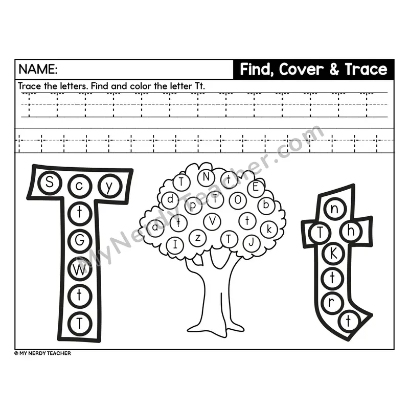 Letter T Find, Cover, and Trace Worksheet