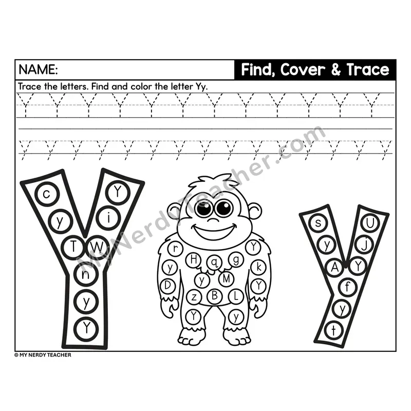 Letter Y Find, Cover, and Trace Worksheet