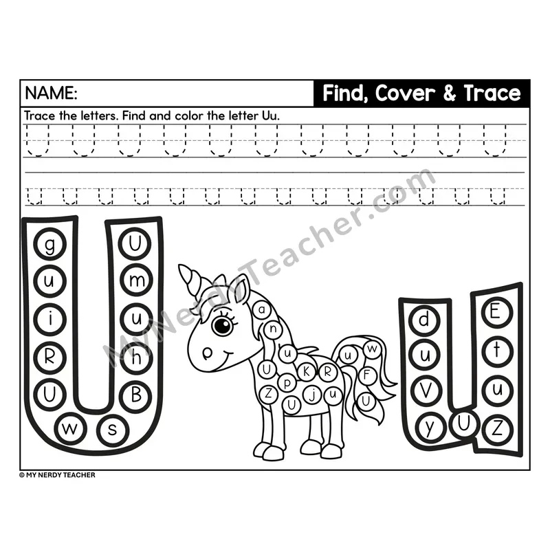 Letter U Find, Cover, and Trace Worksheet