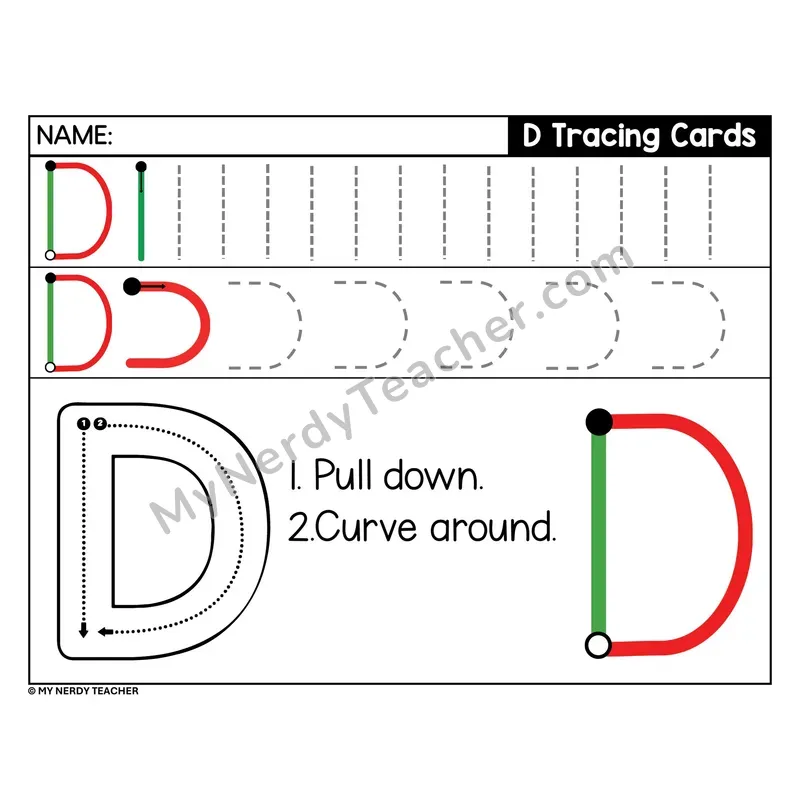 Uppercase Letter D Tracing Card — Stroke Order
