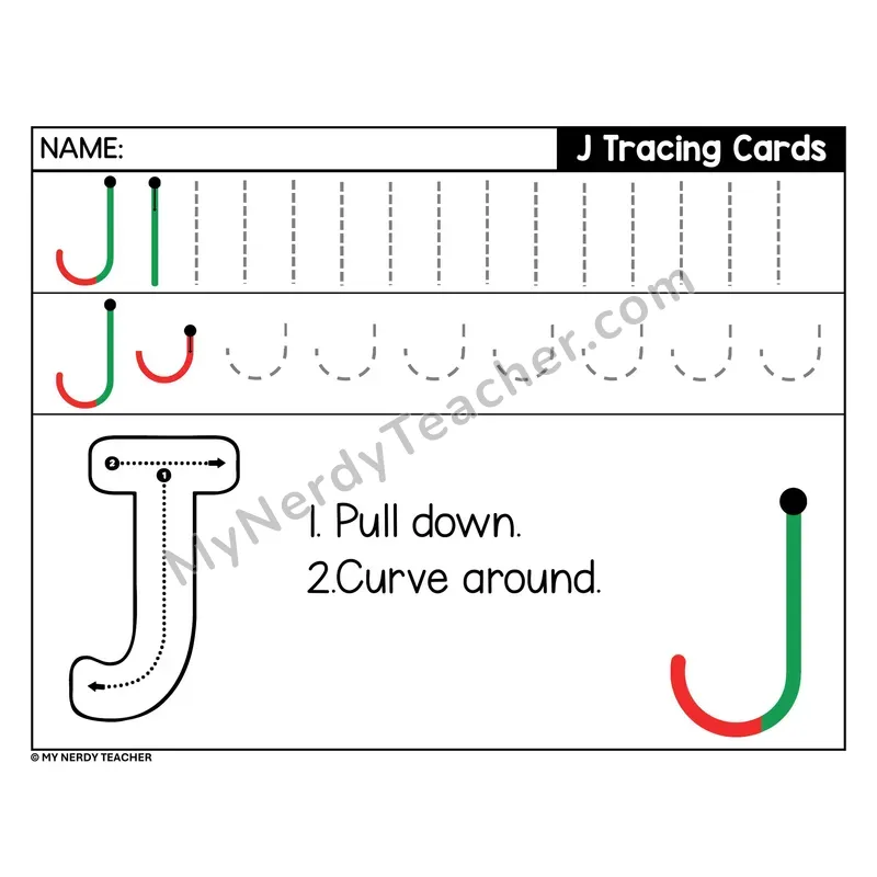Uppercase Letter J Tracing Card — Stroke Order