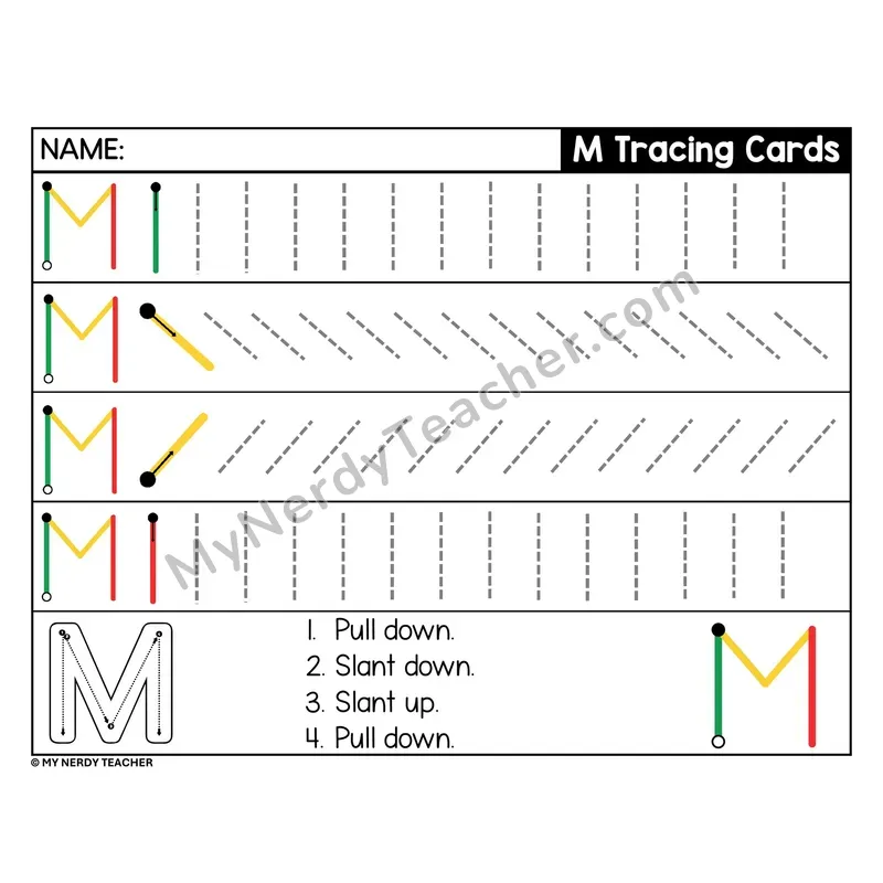 Uppercase Letter M Tracing Card — Stroke Order