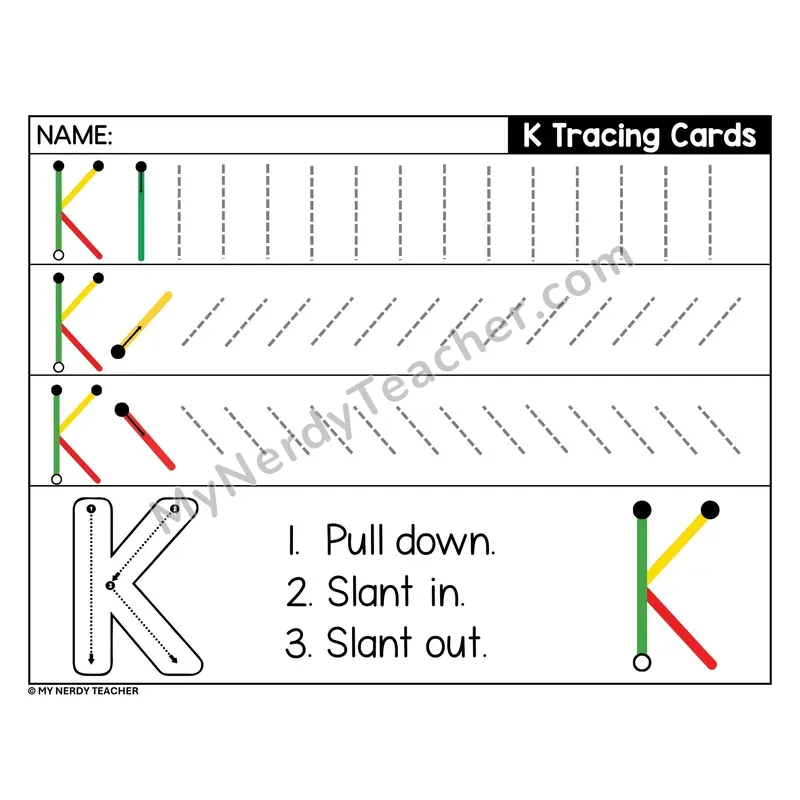 Uppercase Letter K Tracing Card — Stroke Order