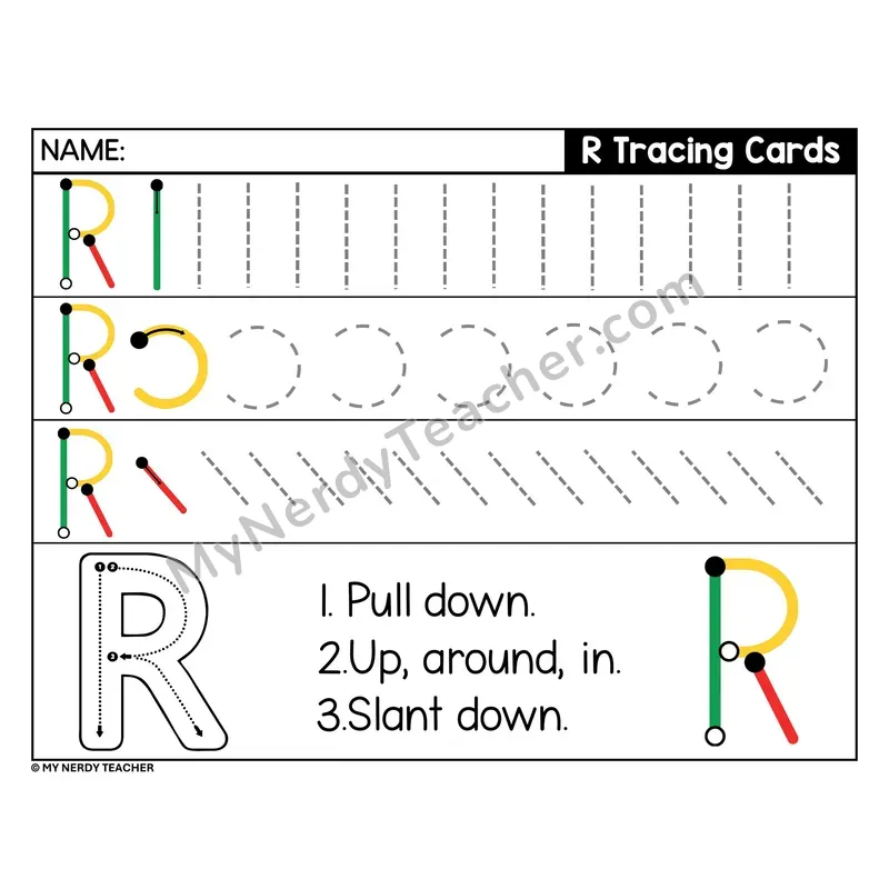 Uppercase Letter R Tracing Card — Stroke Order