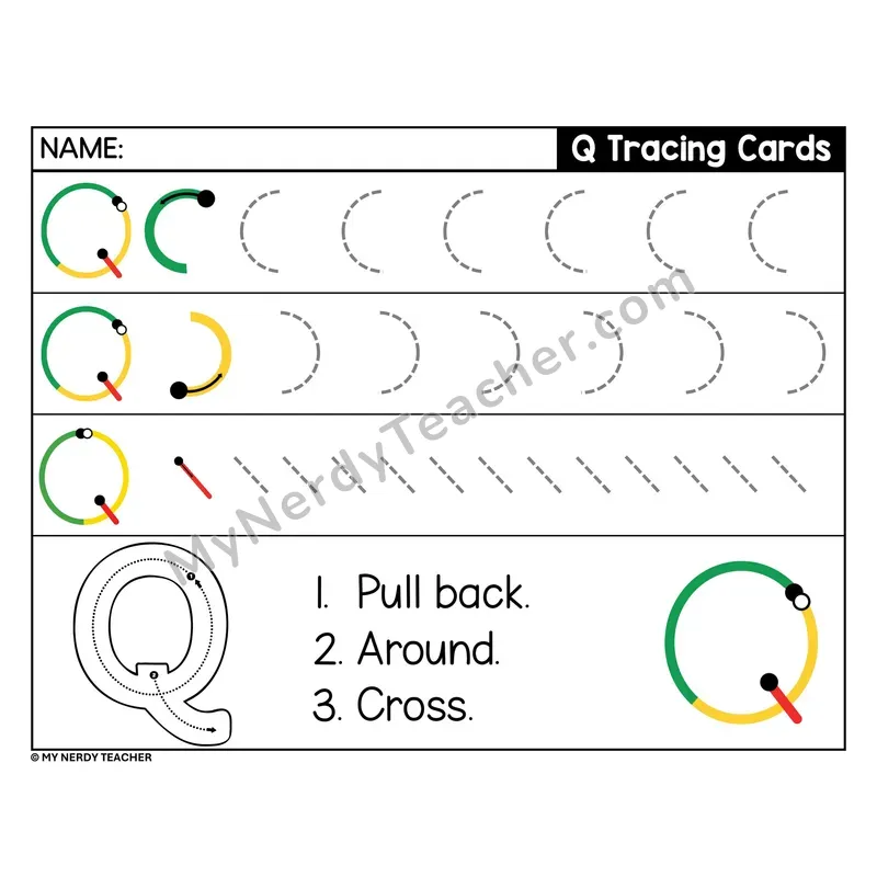 Uppercase Letter Q Tracing Card — Stroke Order