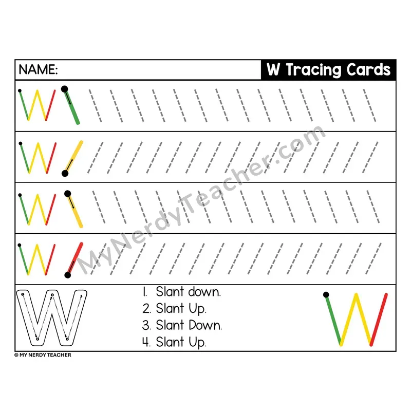 Uppercase Letter W Tracing Card — Stroke Order