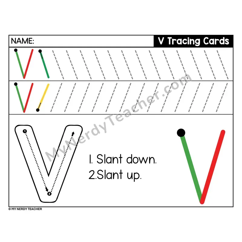 Uppercase Letter V Tracing Card — Stroke Order