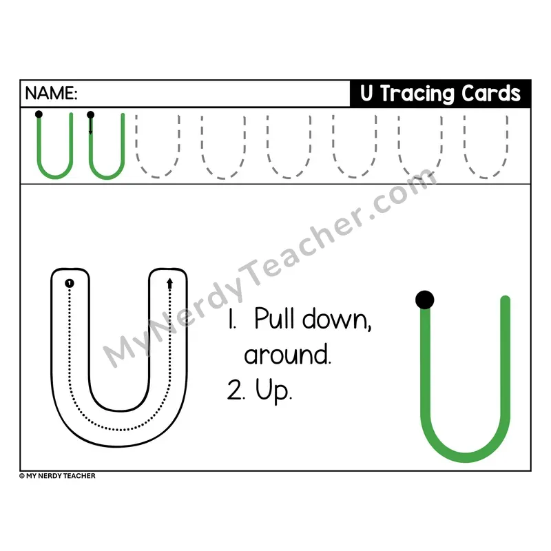 Uppercase Letter U Tracing Card — Stroke Order