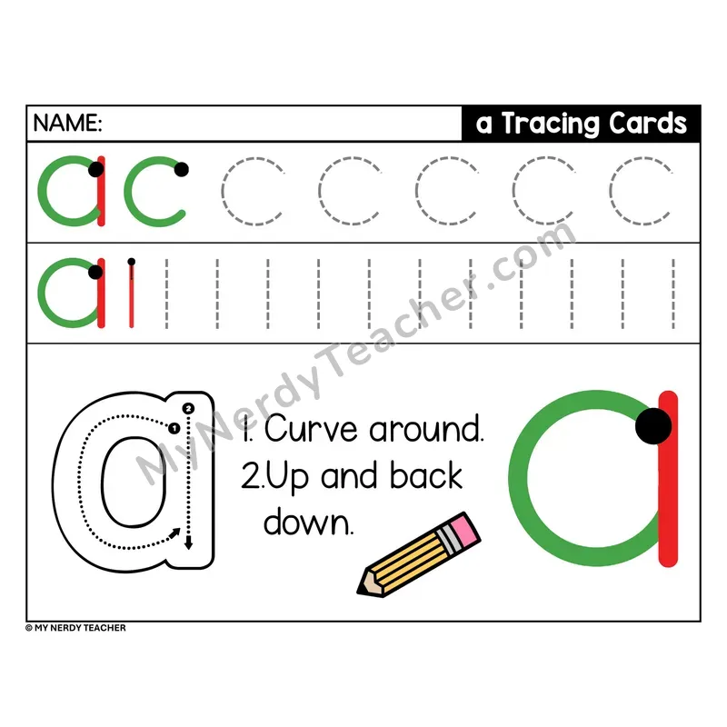 Lowercase Letter a Tracing Card — Stroke Order