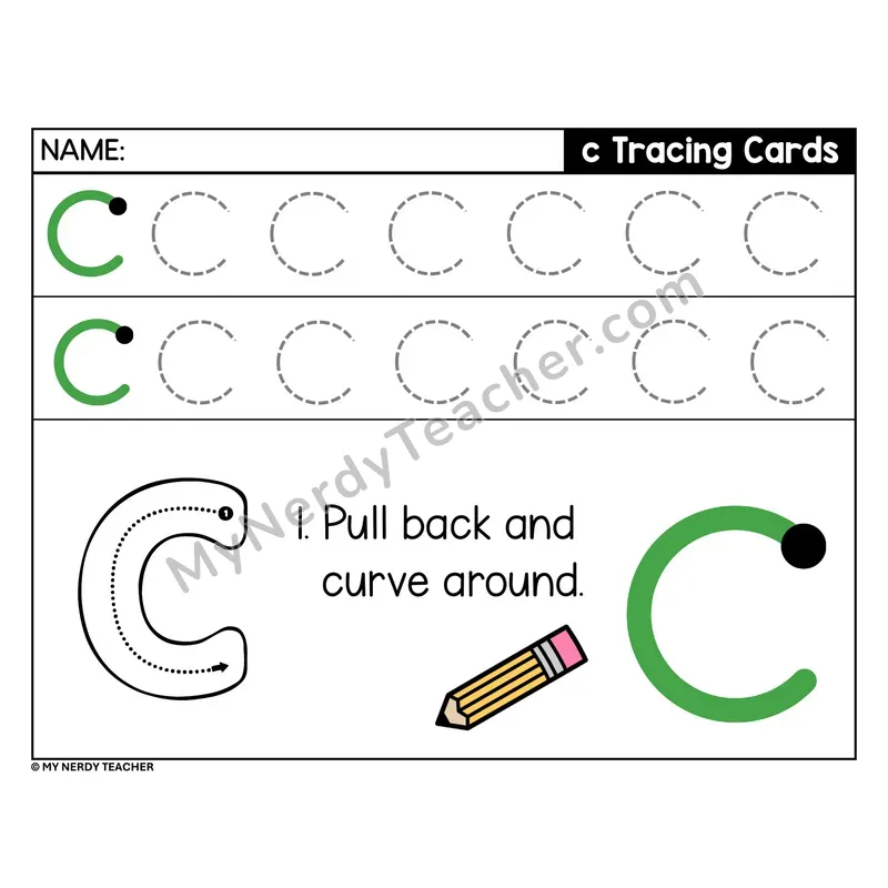 Lowercase Letter c Tracing Card — Stroke Order