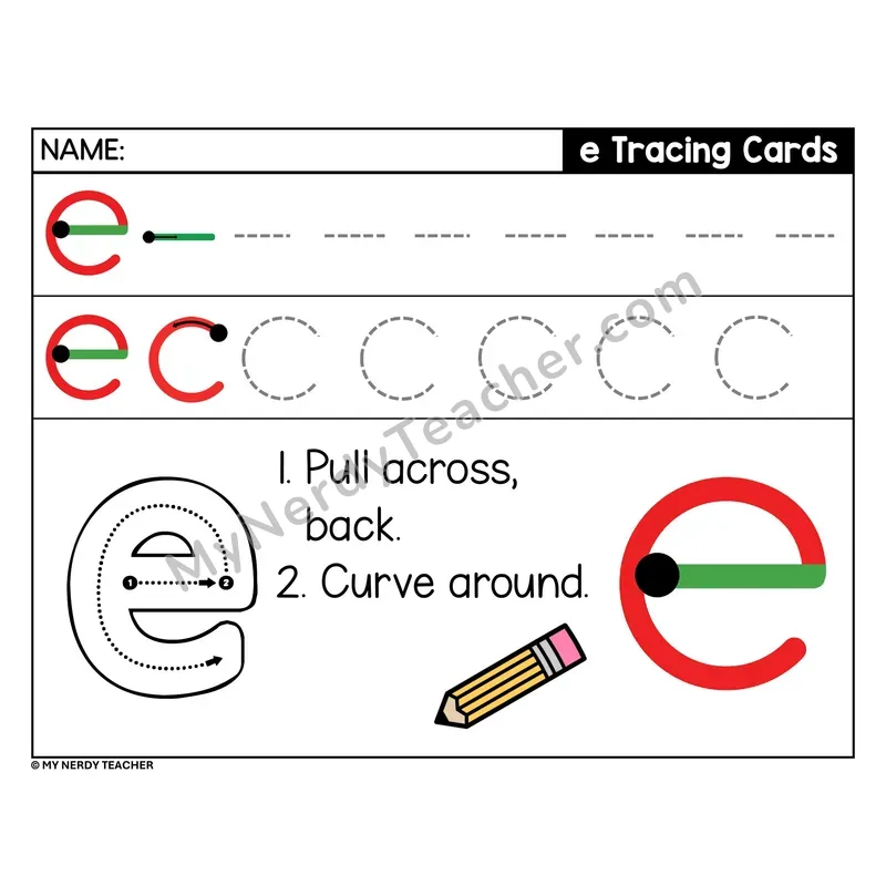 Lowercase Letter e Tracing Card — Stroke Order